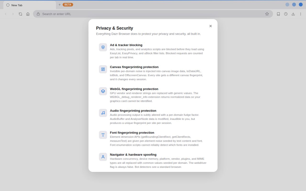 Přehled soukromí a zabezpečení v Dazr Browser: blokování reklam a sledovacích prvků a ochrana proti fingerprintingu přes canvas, WebGL, zvuk a písma