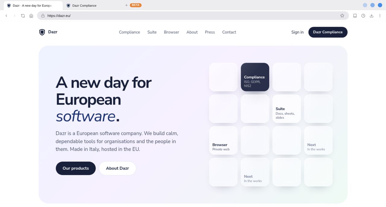 Okno Dazr Browser zobrazující dazr.eu, s druhou kartou otevřenou na Dazr Compliance